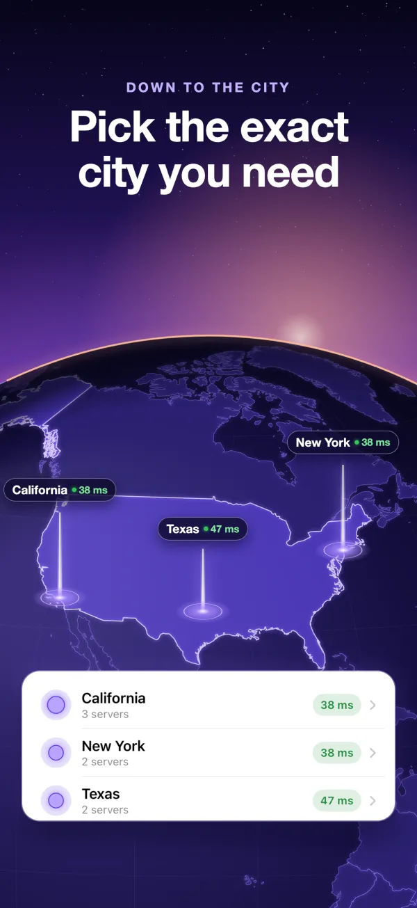 VPN Lite map for choosing a country or city, with live latency